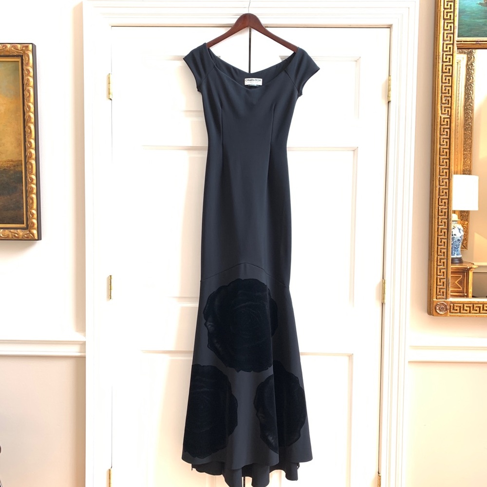 Chiara Boni • Black trumpet gown w/ Velvet Roses